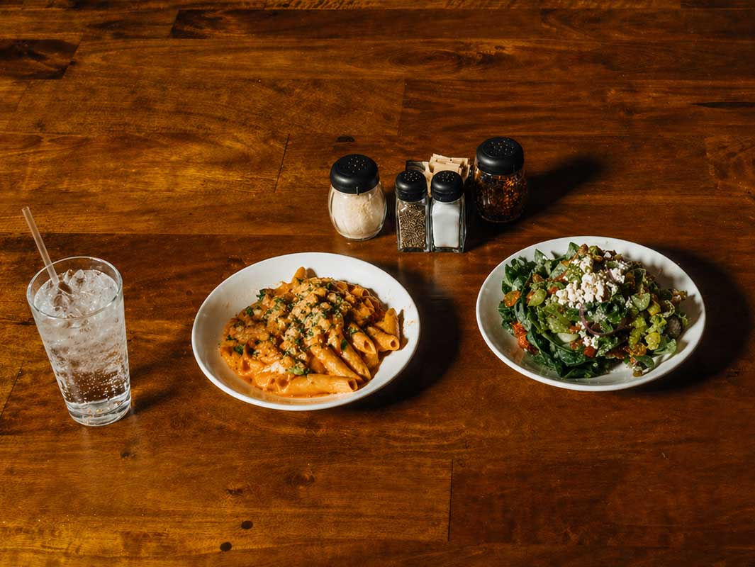 Half-portion pasta with petite salad