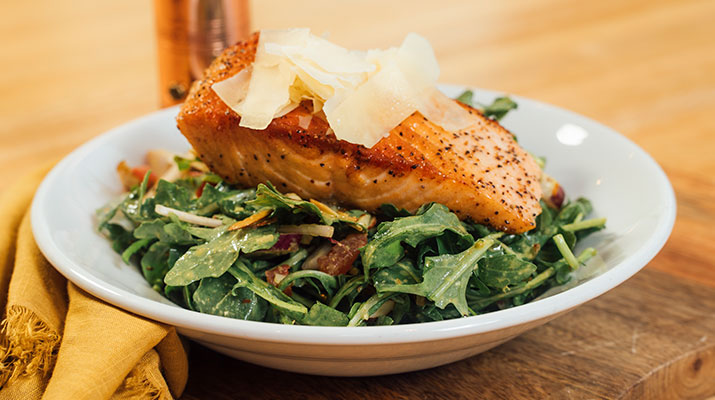 Seared Salmon on Arugula with Lemon-Basil Dressing